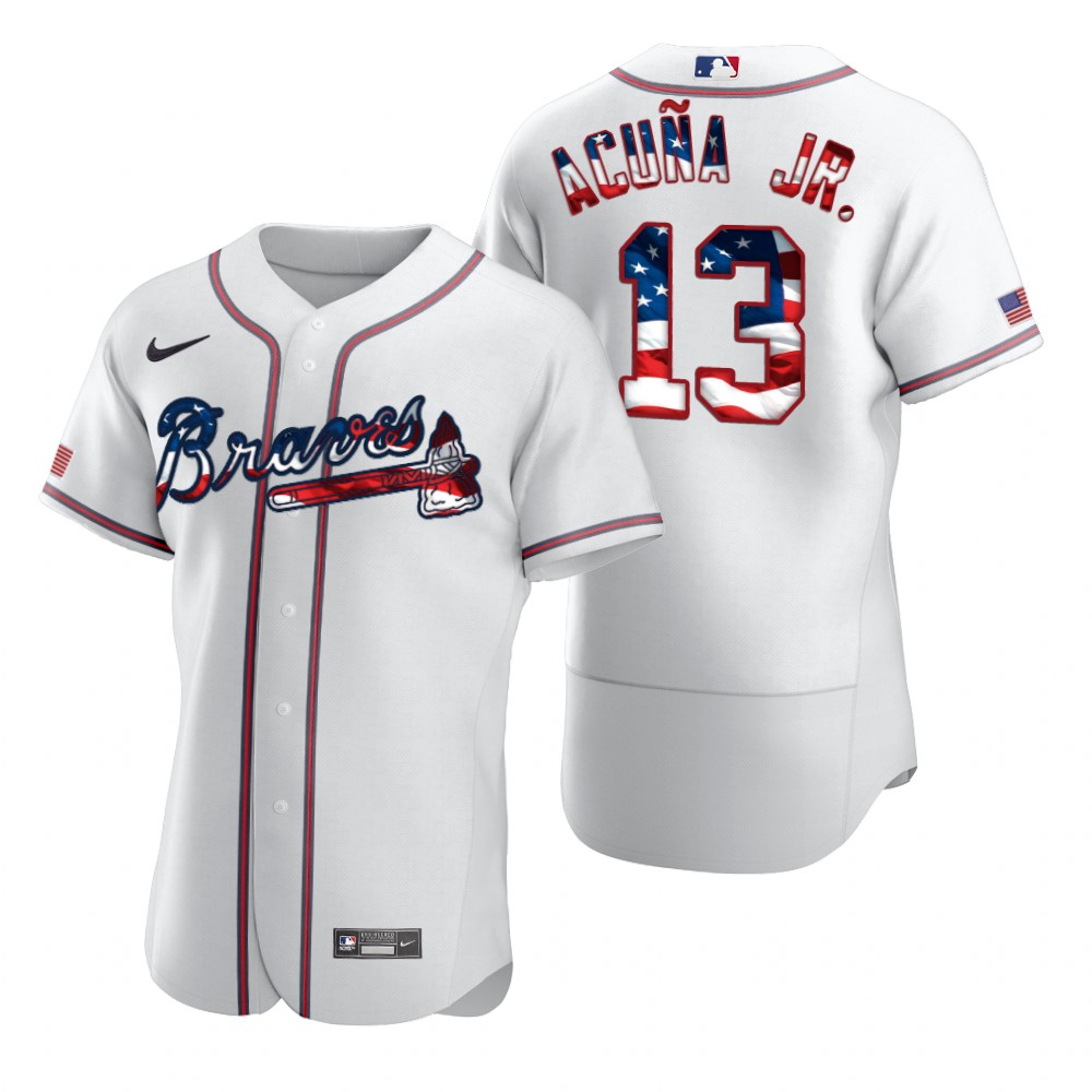 Atlanta Braves #13 Ronald Acuna Jr. Men Nike White Fluttering USA Flag Limited Edition Authentic MLB Jersey